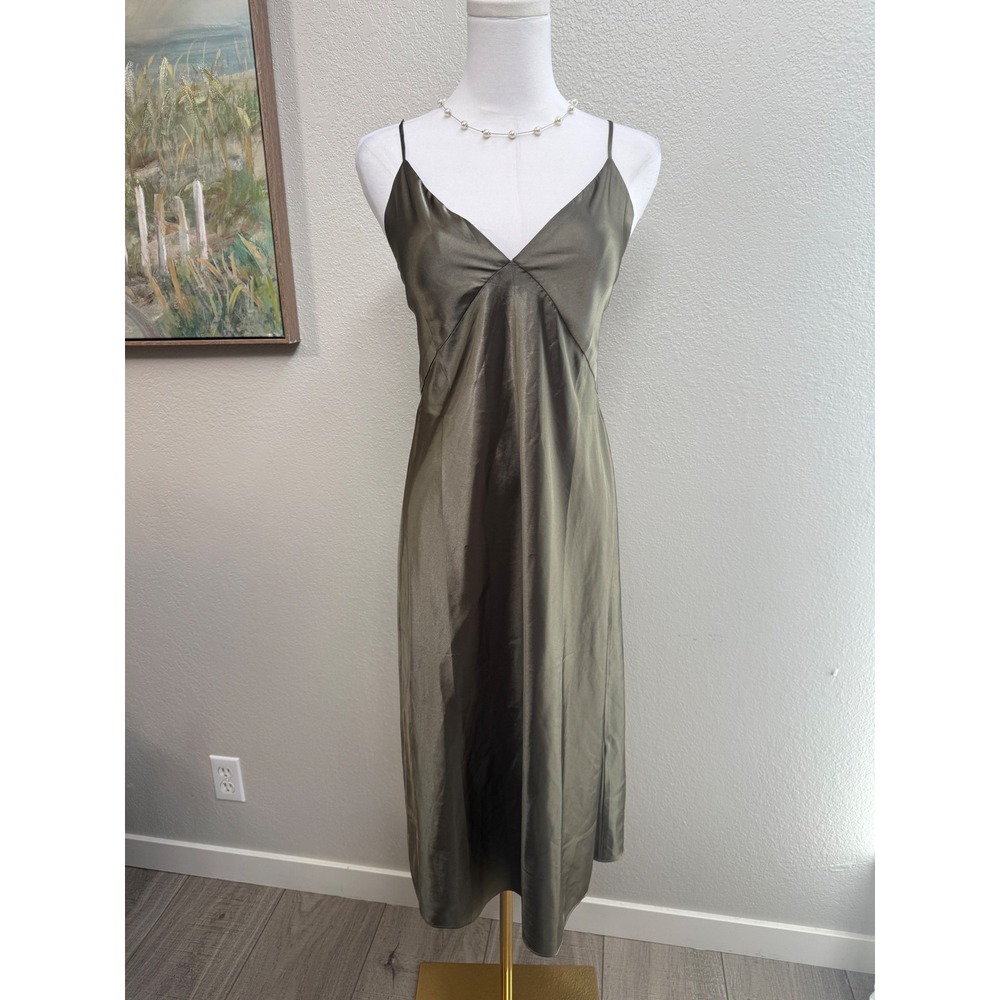 Olive Satin Slip Midi Dress - Unbranded